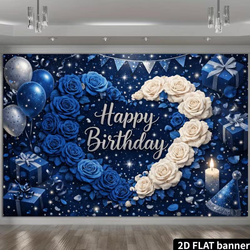 2D Starry Blue Rose Happy Birthday Backdrop Banner Party Decoration for Boys & Men