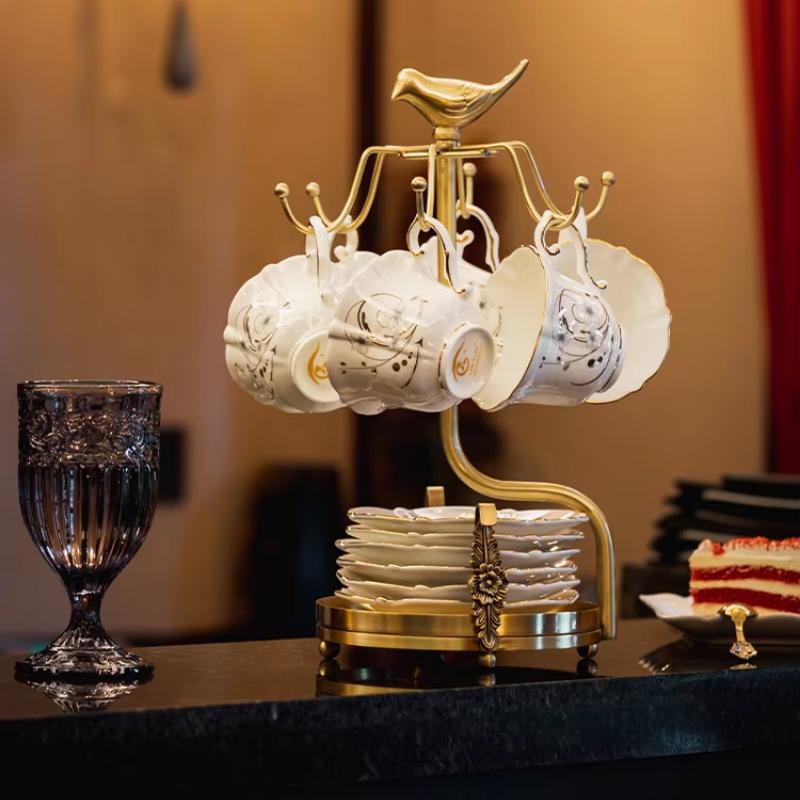 Luxury European-style Brass Coffee Cup Holder Elegant Cup Saucer Storage Rack Stylish Cups Storage Organizer Durability