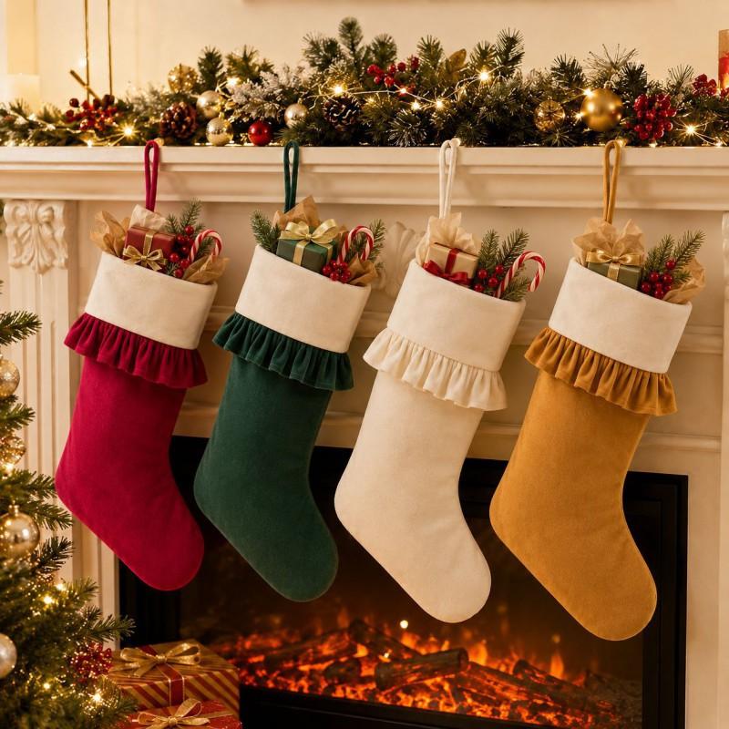 Large Christmas Stocking Thick Plush Cuff Candy Gift Bag Fireplace Hanging Decor