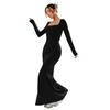 Women Black Square Neck Knit Long Sleeve Bodycon Sexy Party Long Dress