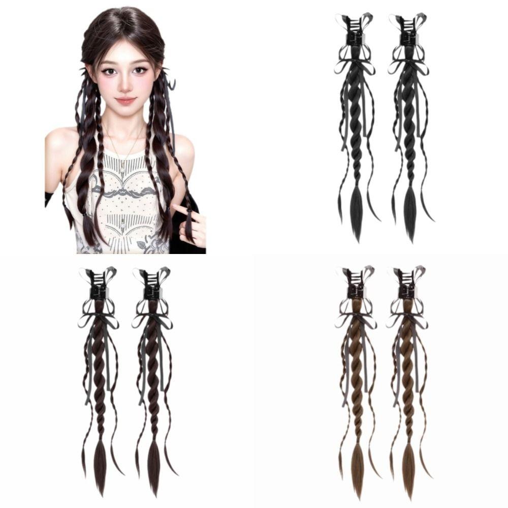 1Pair Ribbon Claw Clip Double Ponytail Twisted Braid Long Braiding Hair Extensions Party