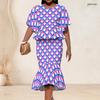 Women Plus Size Pink Black White Printed Two Piece Set Round Neck Batwing Sleeve Ruffle Hem Top Fishtail Skirt