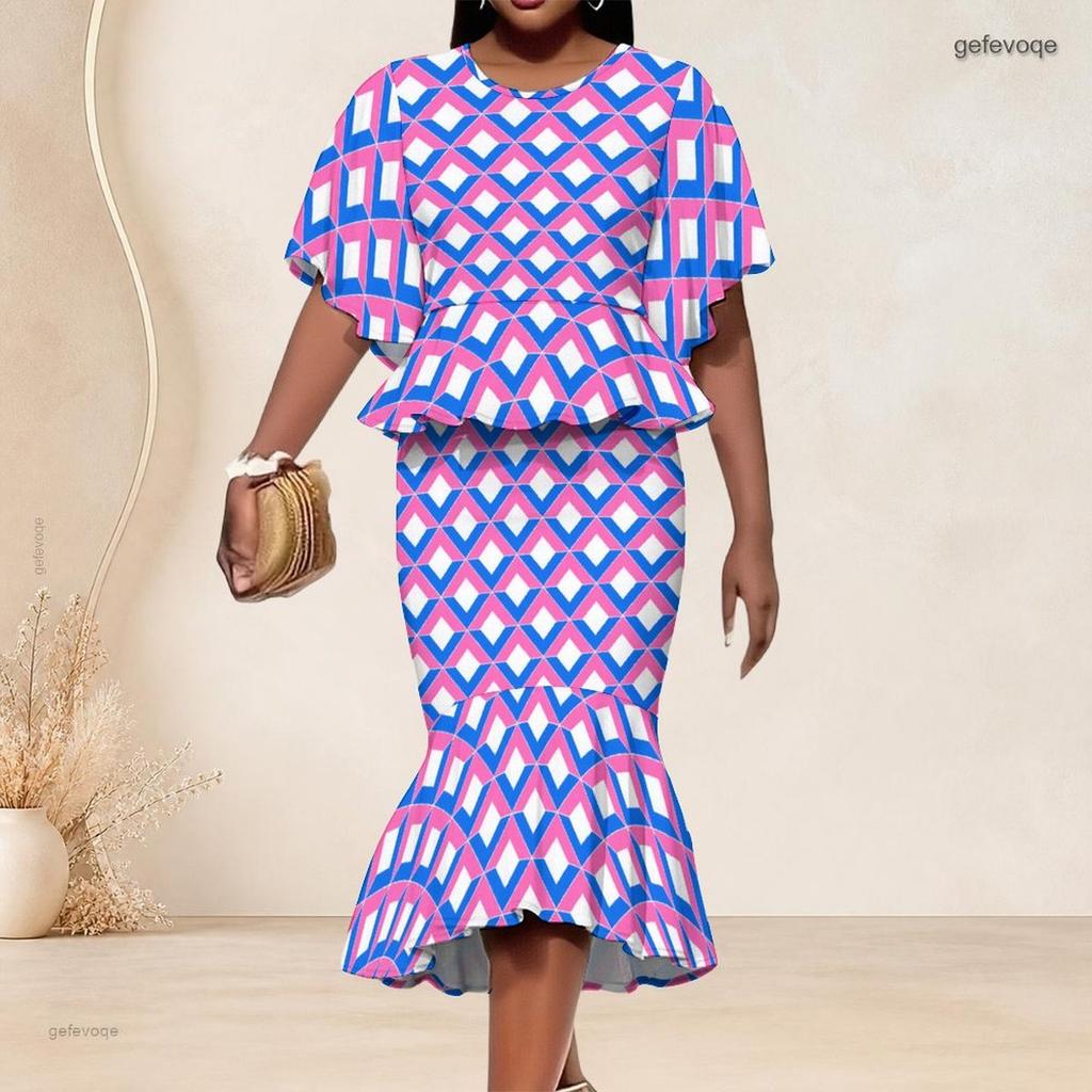 Women Plus Size Pink Black White Printed Two Piece Set Round Neck Batwing Sleeve Ruffle Hem Top Fishtail Skirt