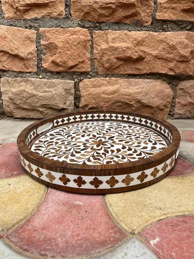 Wooden Inlay Decorative Tray  Round Floral Pattern Serving Tray | Bone Inlay Style | Boho Coffee Table Tray | Kitchen Bone Decor Tray