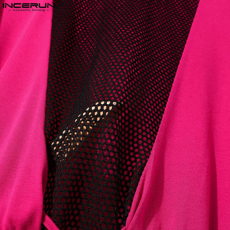 INCERUN Sexy Men Mesh Patchwork Long Sleeved Hollow Out Short T-shirts Tops