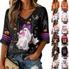 Women's Casual Fashion Three-Quarter Sleeve V-Neck Top with Halloween Print