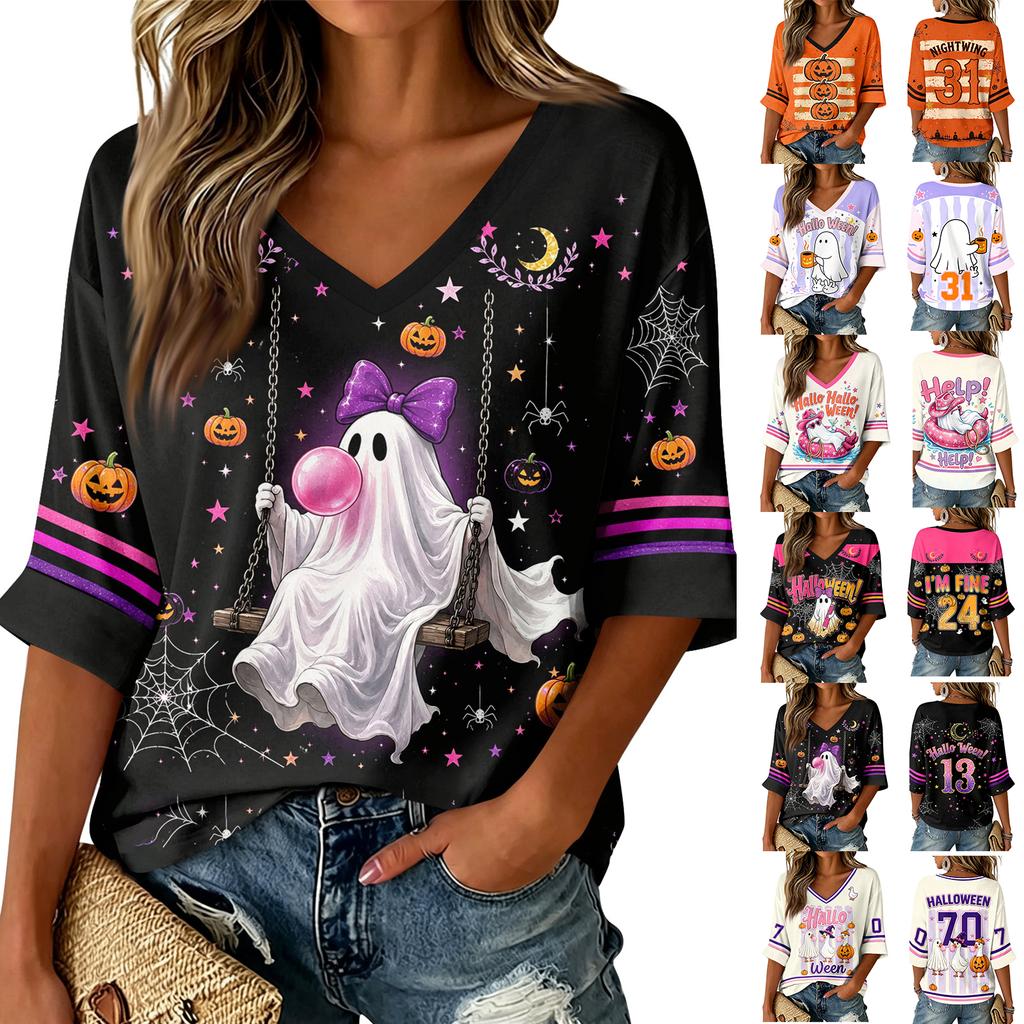 Women's Casual Fashion Three-Quarter Sleeve V-Neck Top with Halloween Print