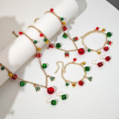 Christmas Tree Bells Bracelet Necklace Earrings, Premium Contrast Color Bells Jewelry Set
