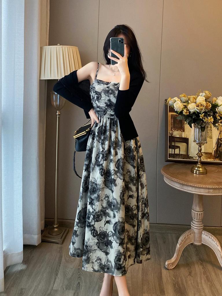 Ink Painting Retro Small Floral Tube Top Suspender Skirt Women's Clothing Summer New Product Waist Design Sense Fashion Temperament Long Dress