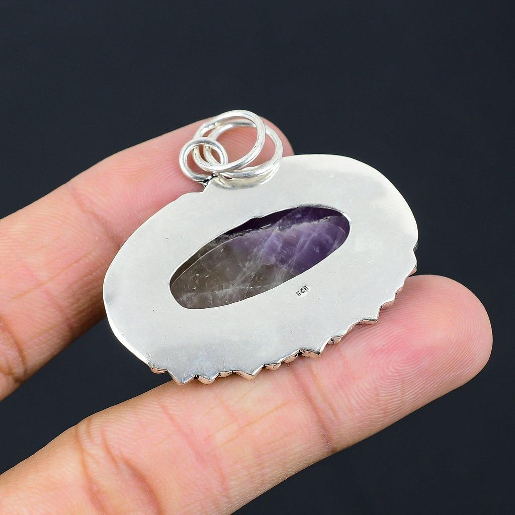 Easter Sale Oval Natural Carved Star Amethyst Sister February Pendant 925 Silver