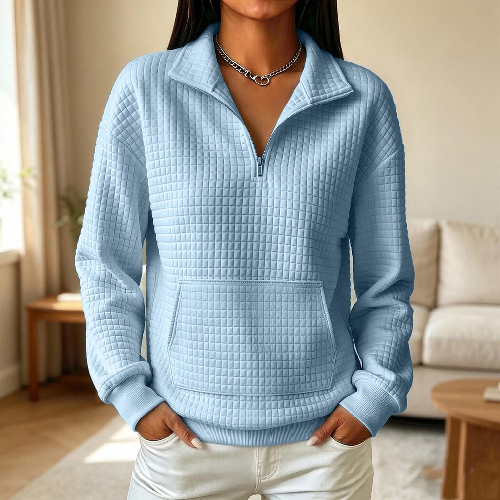 Women's Comfortable Loose Fit Knit Zip Up Sweatshirt with Stand Collar Long Sleeve Paneled Color