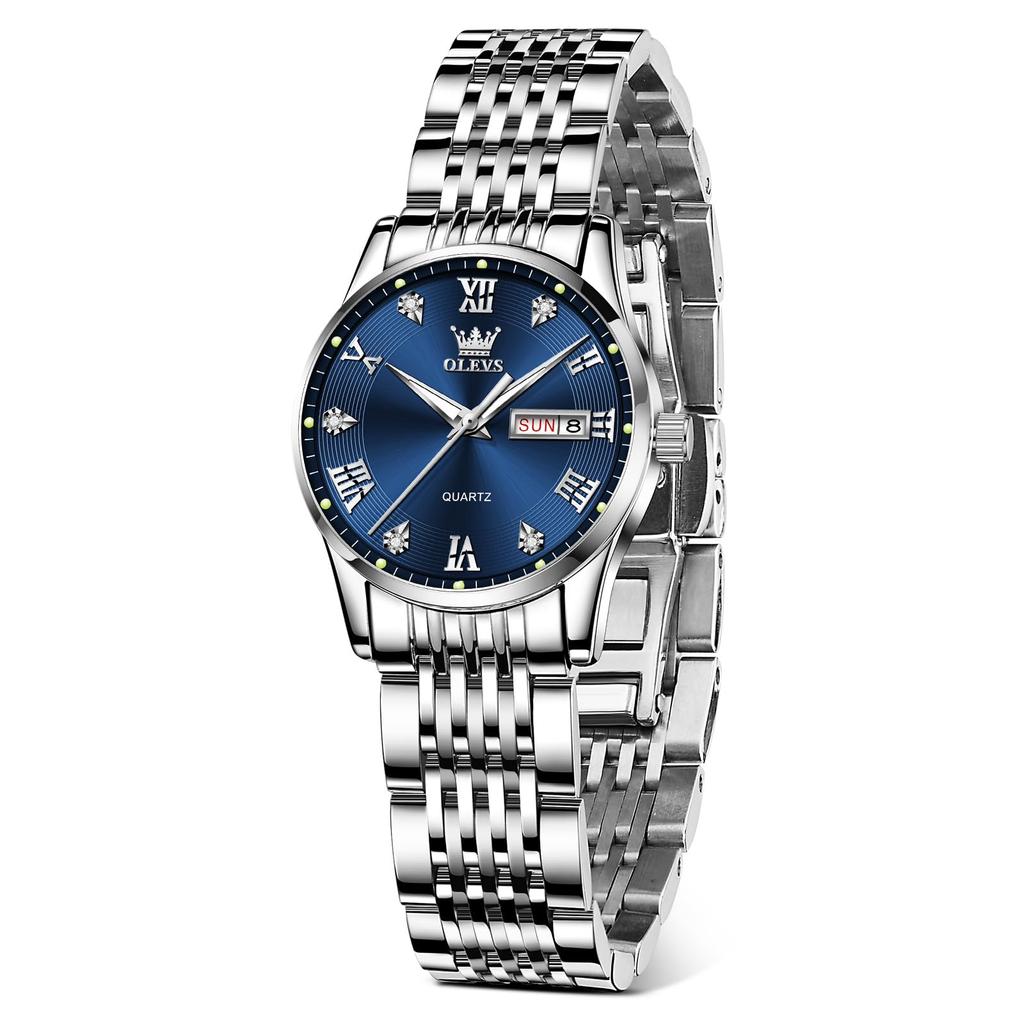 OLEVS Armbanduhr, beliebte wasserdichte, leuchtende Analoguhr, Armbanduhr für Damen, Marken-Business-Damenuhr, Datum, blaues Zifferblatt, modisch, analog, Quarz, silberfarben, Edelstahl