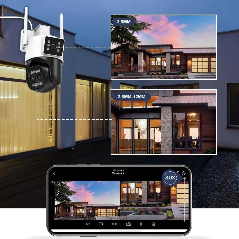 Nová EU 9MP 4K HD WiFi IP kamera Venkovní 8X zoom Tři objektivy Duální PTZ kamera Automatické sledování 8MP Zabezpečení Video Surveillance CCTV ICSEE