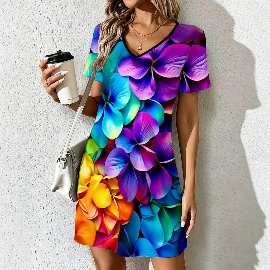 Sommer Mode Damen V-Ausschnitt Morandi Farbige Blumen Print Kleid Sex Kurzer Rock Kleider