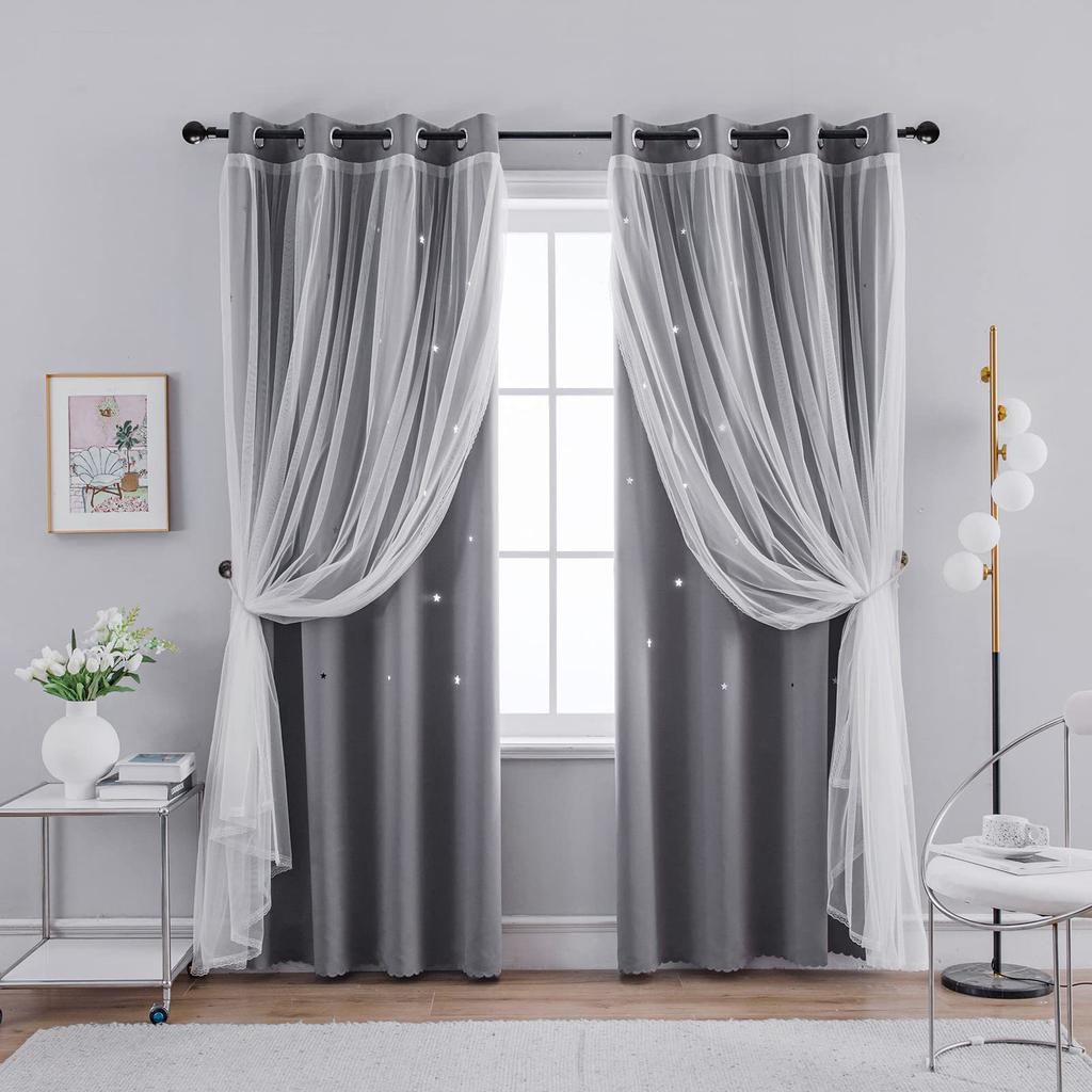 Double Layer Curtains with Star Cut-Outs Blackout Rod Pocket Drapes Projects Beautiful Starry Patterns Home Window Decor