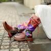 4cm Print Cloth Genuine Leather Ankle Knee High Boots Woman Flats Ladies Appliques Flower Autumn Spring Plus Size Shoes