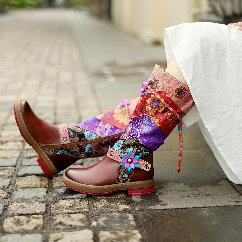 4cm Print Cloth Genuine Leather Ankle Knee High Boots Woman Flats Ladies Appliques Flower Autumn Spring Plus Size Shoes