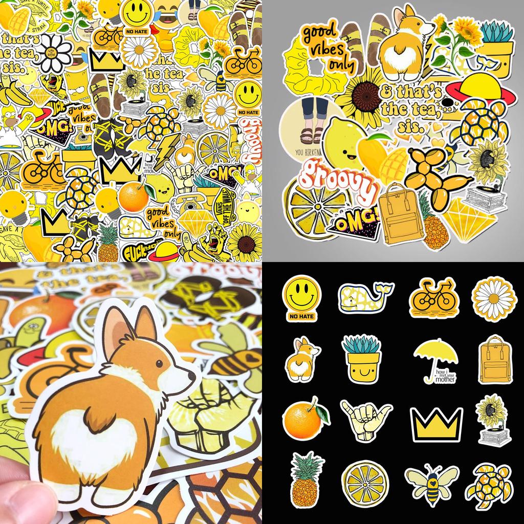 50 Pack Bright Yellow Waterproof Laptop Stickers With Cute Cartoon Designs For Travel