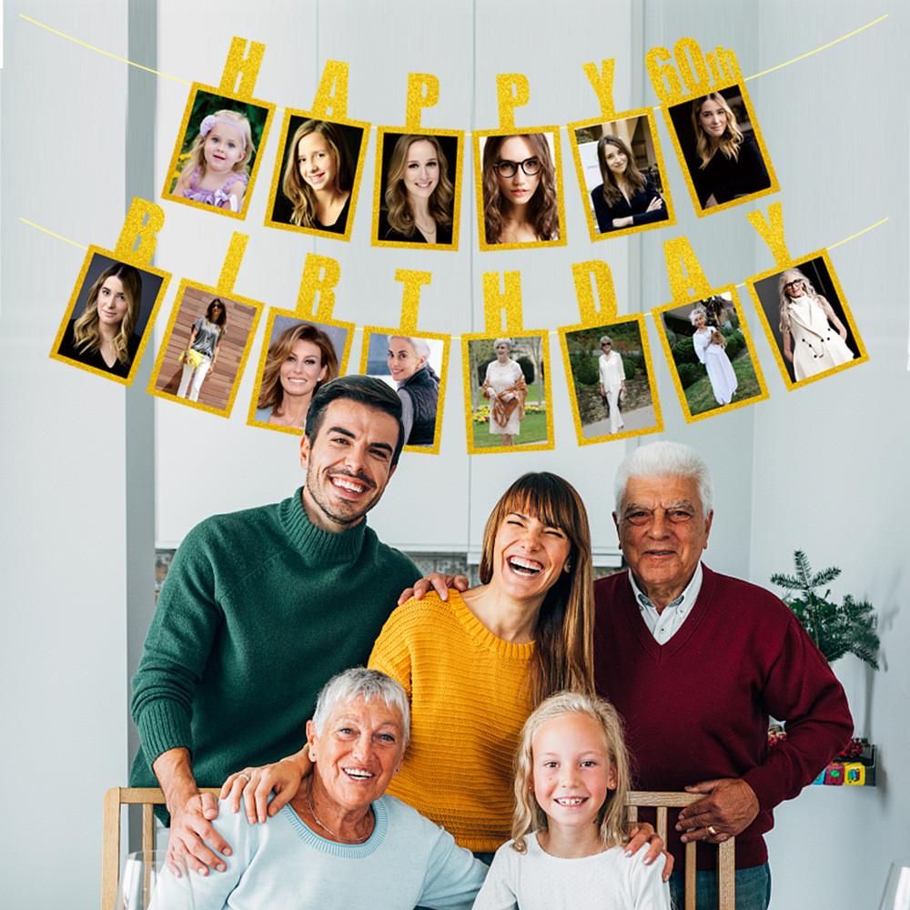 Birthday Golden 60th Photo Commemorate Banner Celebration Event Props Decoration