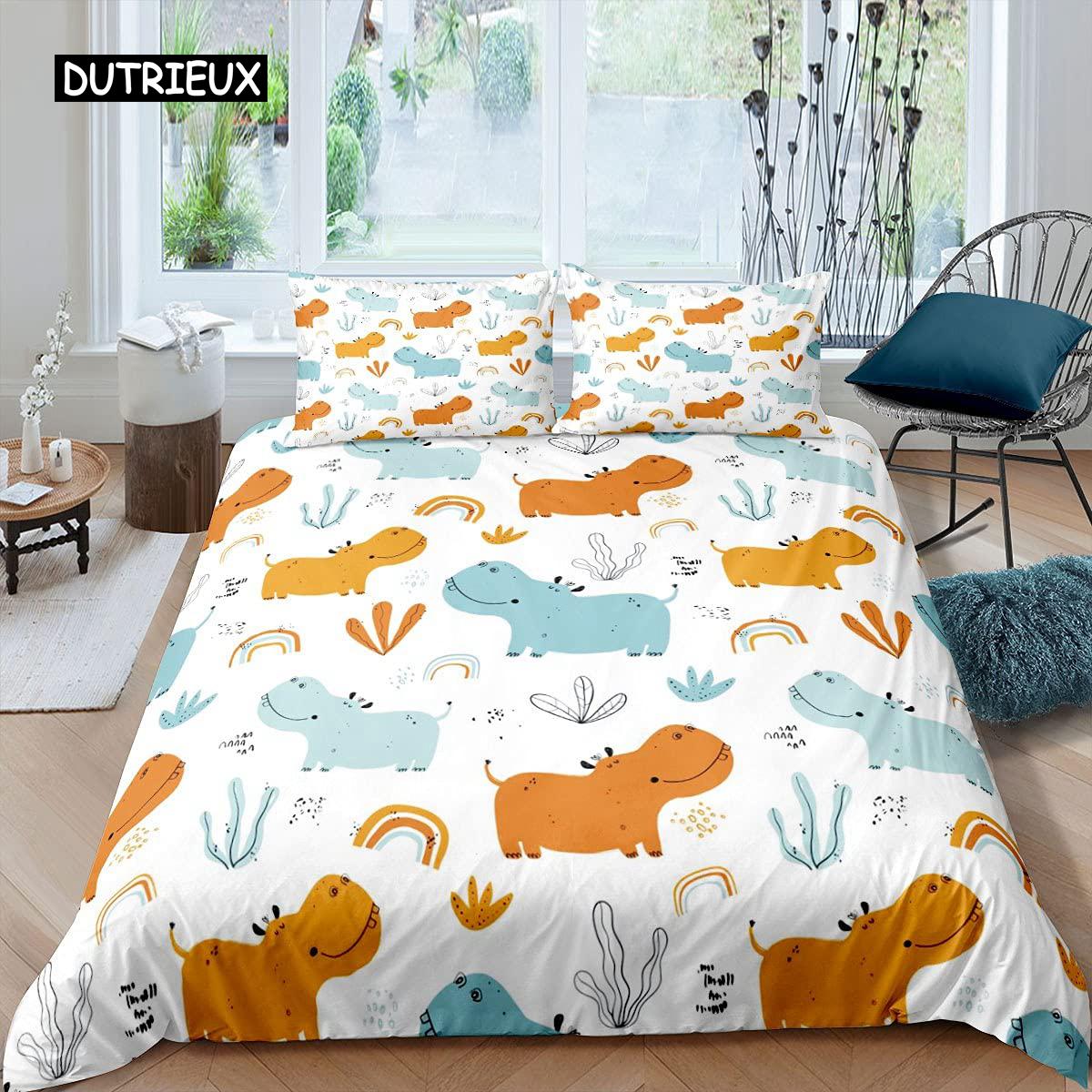 

Комплект пододеяльников с изображением бегемота размера King Size, мультяшный бегемот, держащий розовый цветок, комплект одеяла для детей, полиэстеровое одеяло с изображением диких животных AU Double(180x210cm)