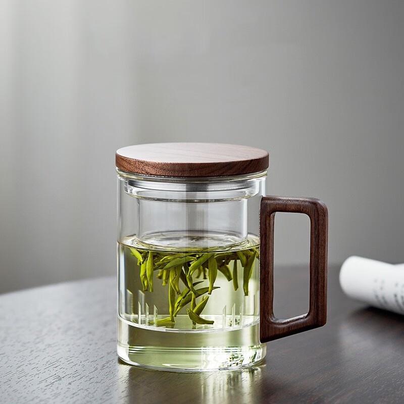 Tea-Water Separation Glass Teacup with Wooden Handle