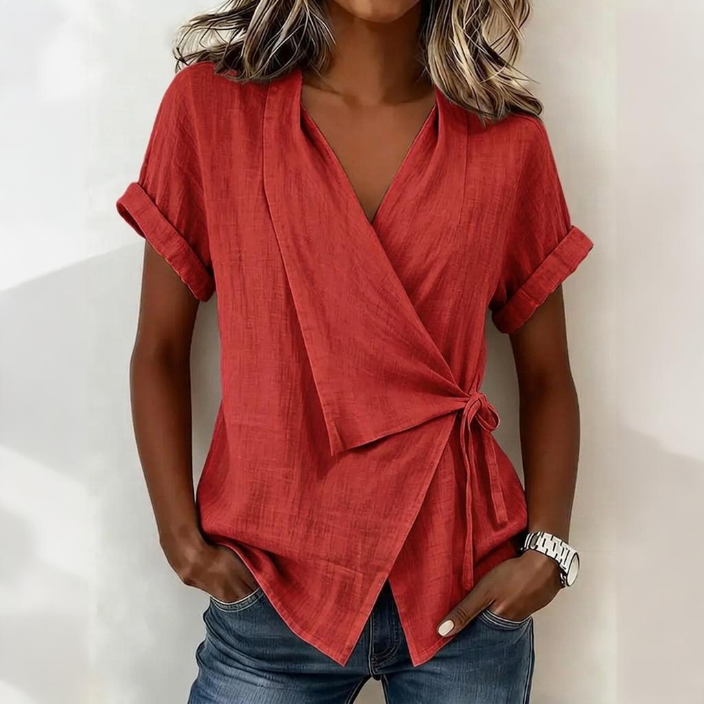 Women Short Sleeve V Neck Wrap Blouse Loose Fit Tie Front Irregular Hem Summer Casual Top