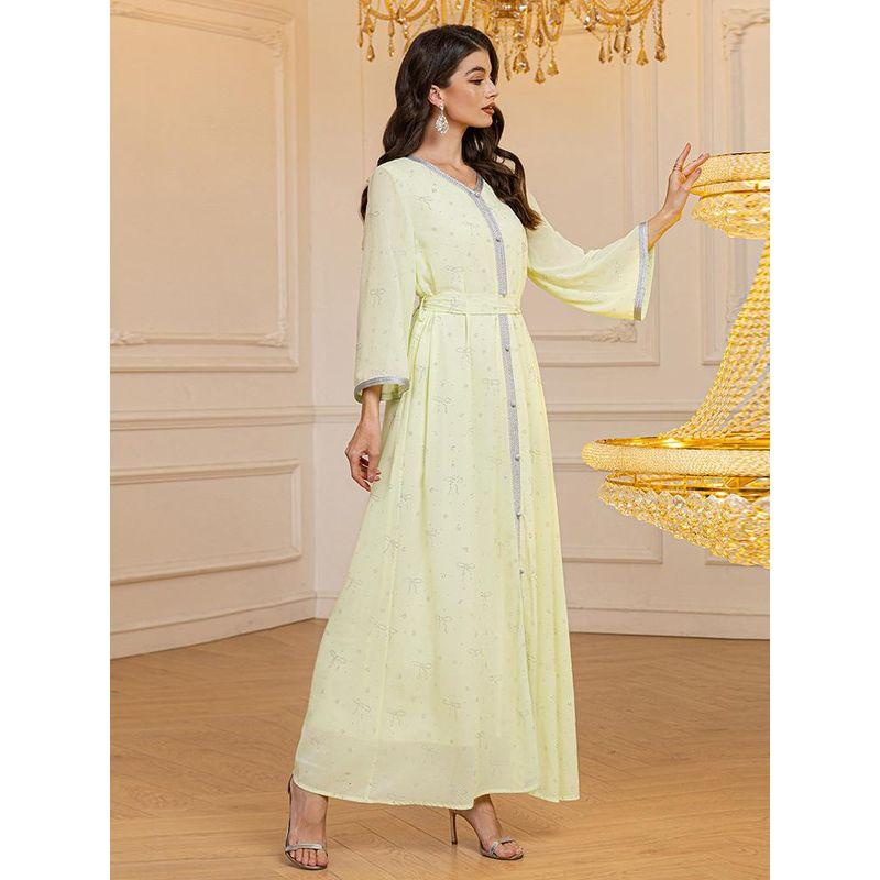Middle East Indonesia Turkey Cross Border Women Chiffon Hot Drilling Robe Arab Formal Dress Belt Jumpsuit DRESS