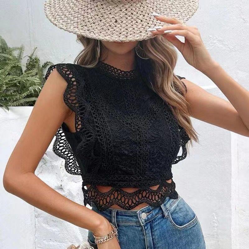 

Small Sweet Western Style Summer New Sexy Hollow out White Short Sleeveless Lace Shirt Shirts All-Matching Women Black 2XL