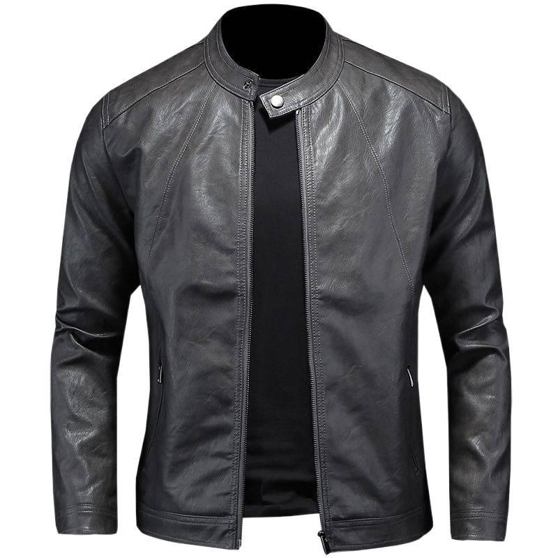 2025 Men's Trendy Slim Stand-up Collar Leather Motorcycle Jacket