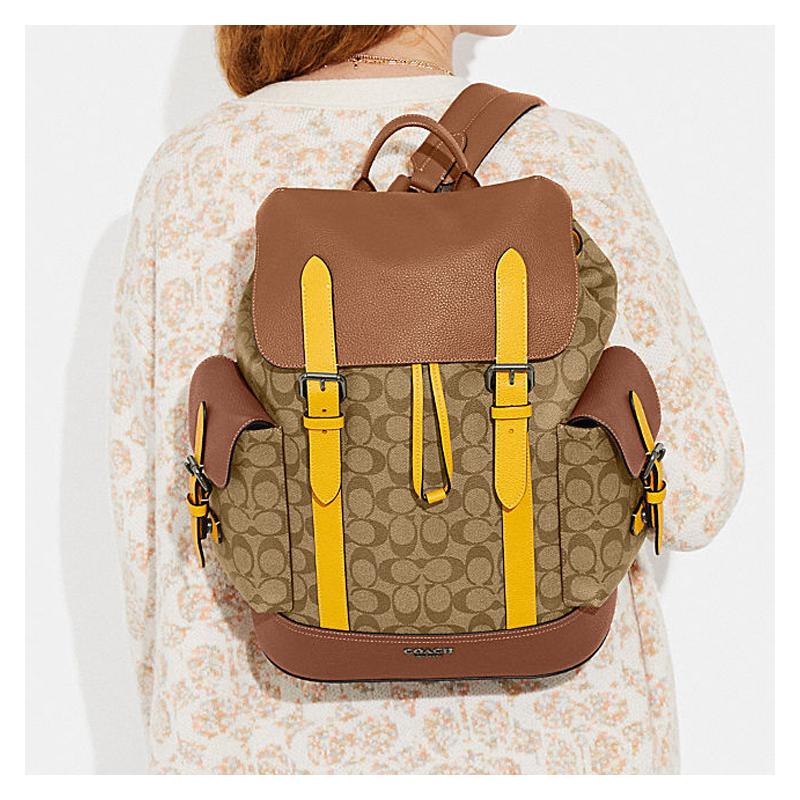COACH Hudson 30 classic presbyopic color-blocked flip-top drawstring leather and PVC backpack large size unisex couple model brown