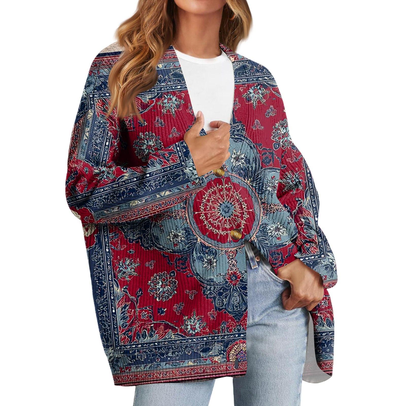 

Женский модный кардиган с длинным рукавом, принтом, V-образным вырезом, на пуговицах, свободного кроя XXL красный