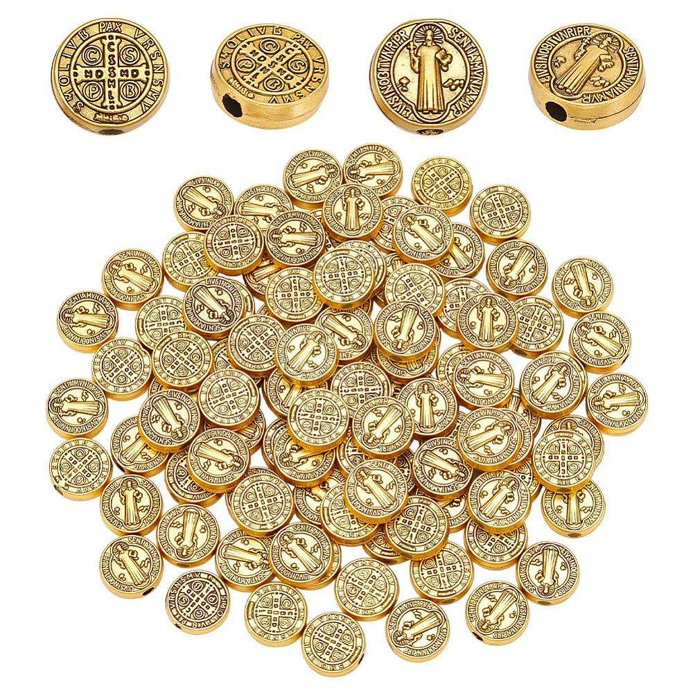 100Pcs Tibetan Style Alloy Beads, Flat Round with Saint Benedict Pattern, Antique Golden, 9.5x3mm, Hole: 1.8mm
