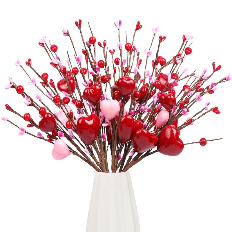 5pcs/lot Artificial Heart Shaped Berry Picks Flower Stem Branches for Valentines Day Wedding Party Home Table Decoration Gifts