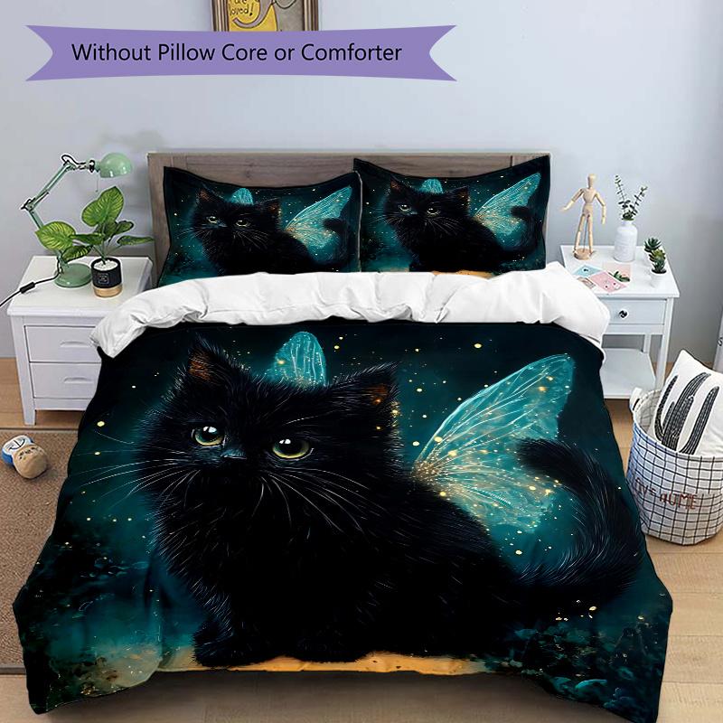 

3pcs Cat with Butterfly Wings Quilt Set - Soft and Comfortable Bedroom, Guest Room and Dorm Decor Bedding Set M029 135x200cm