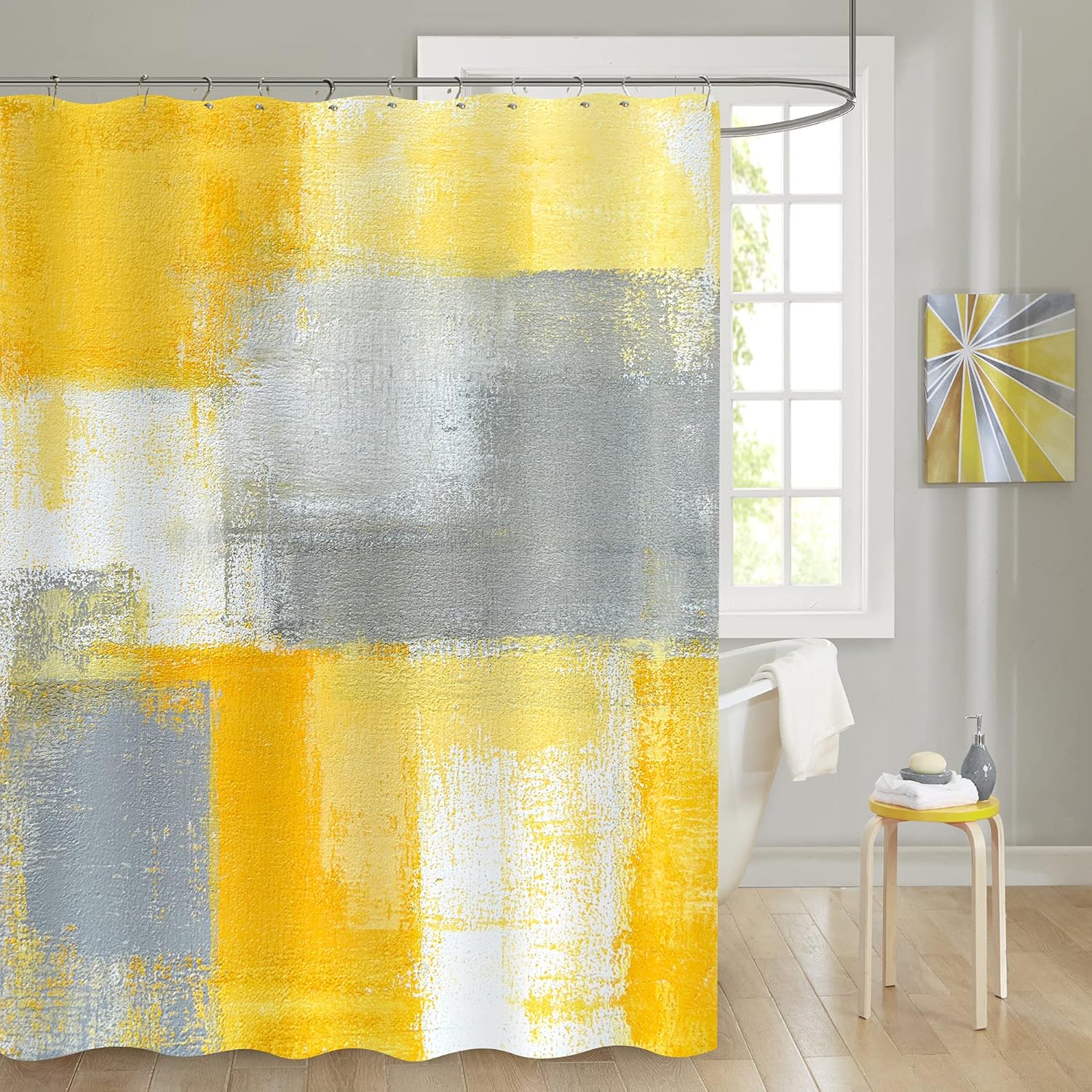 

Abstract Yellow And Gray Shower Curtain Minimalist Bathroom Decor Water Resistant Fabric Set With 12 Hooks For Easy Installation W60H190(CM)-1 Pcs