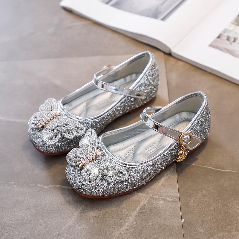 Newest Girls Princess Shoes Children Crystal Soft Sole Nonslip Sweet Flats For Party Sweet Butterflyknot Sequined Hotest Shoes 26