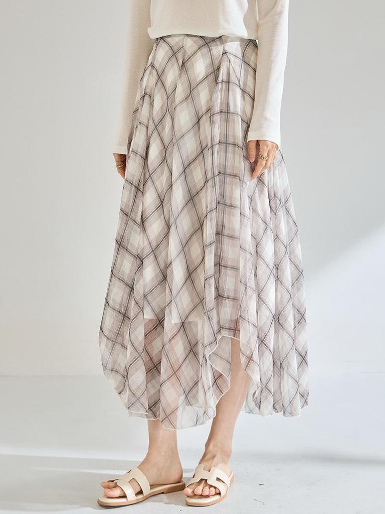 Plaid Asymmetrical Draped Chiffon Midi Skirt with Irregular Hem