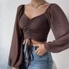 Summer V-neck Chiffon Drawstring Lantern Sleeve Tight Fashion Sexy Shirt Short Top
