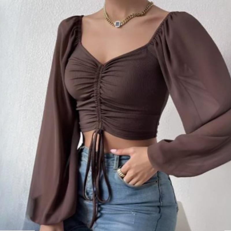 Summer V-neck Chiffon Drawstring Lantern Sleeve Tight Fashion Sexy Shirt Short Top