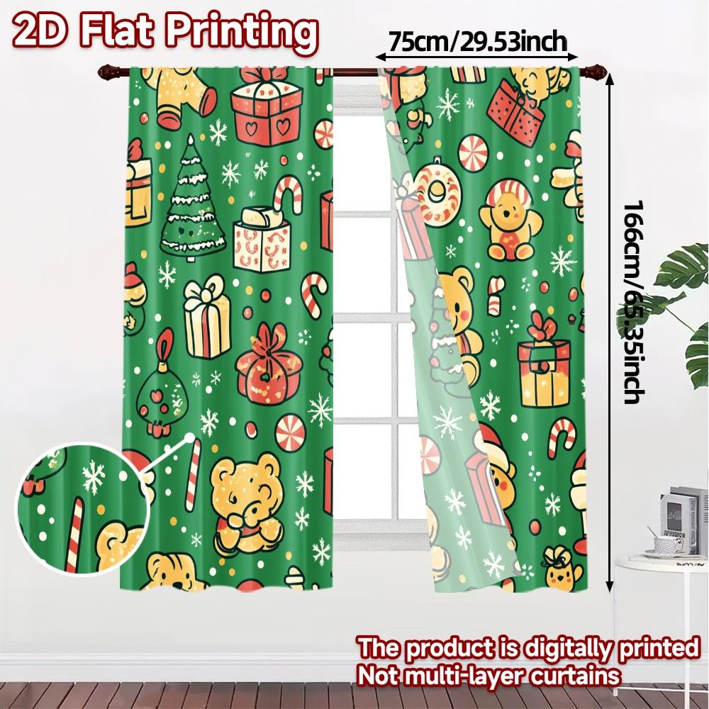 2pcs,Curtains Christmas Teddy Bear Gifts Trees (3) Popular Creative Curtains Durable 100% Polyester Fabric Curtains Outdoor