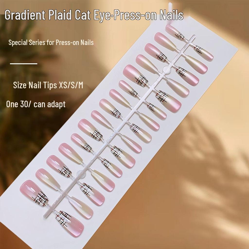 

Весенний клетчатый градиент кошачий глаз - Готовые накладные ногти