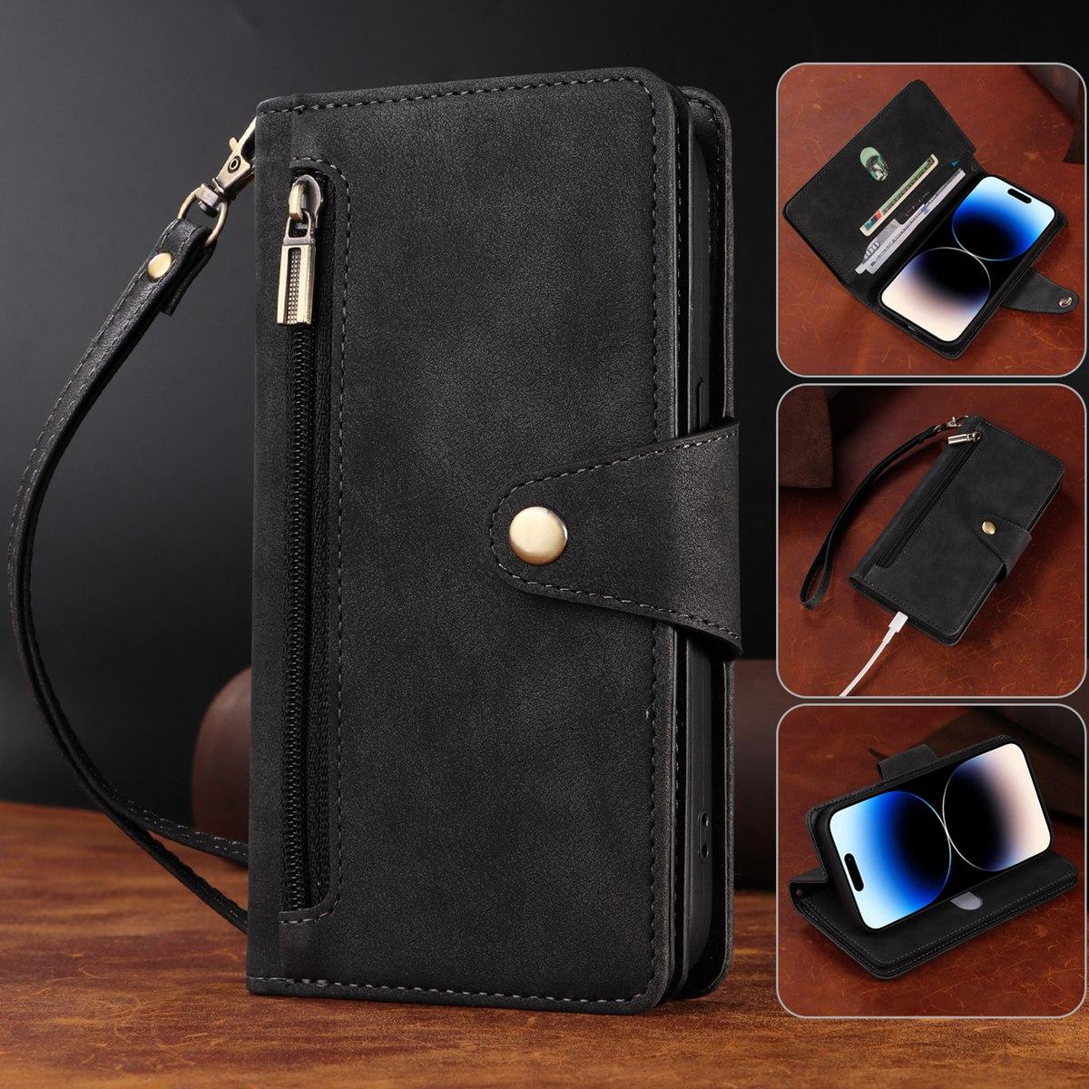 

Многофункциональный двухслойный чехол-кошелек на молнии с отделениями для карт и карманом для наличных для iPhone 15, 14, 13, 12, 11, Samsung, Google, откидная крышка из искусственной кожи на ремешке iPhone 15