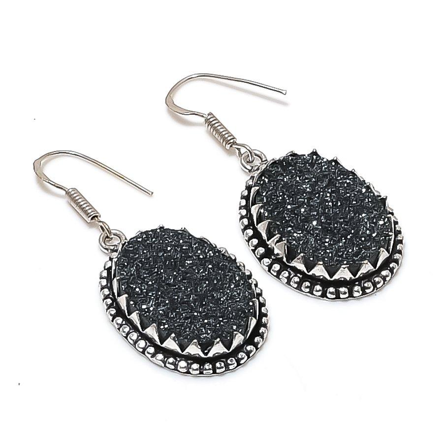 Natural Black Titanium Druzy 925 Sterling Silver Jewelry Earring 1.81 AE-11887