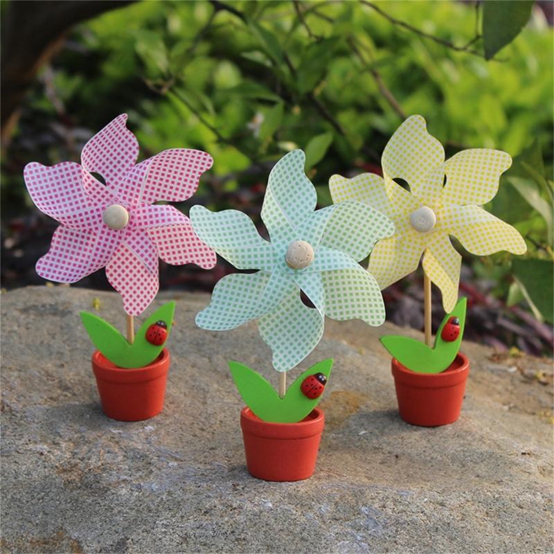 3Pcs Colorful Small Windmills with Flowerpots Ornament Desktops Decorations Cute Pinwheels Garden Lawn Kids Photo Props
