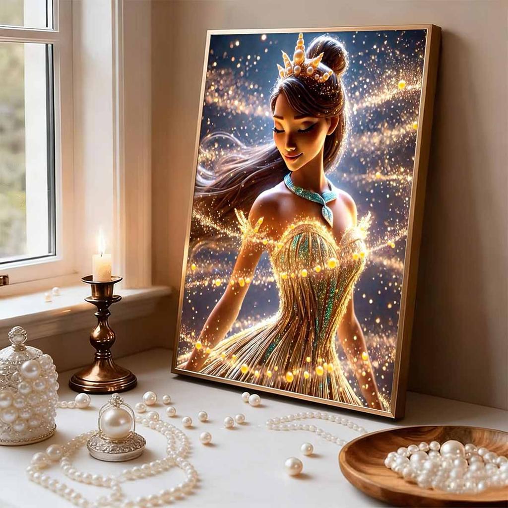 Disney Princess and The Frog Princess Tiana Golden Crown Pearl Painting Starlight Gold Glowing Dress Emerald Necklace Theme Unframed Art Painting