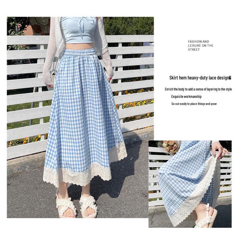 Women's High Waist Checkered Lace Trim A-line Midi Skirt (2025)