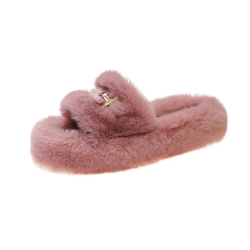 Fashion Women Fashion Fluffy Furry Slippers Autumn Winter Cozy Open Toe Trend Plush Home Shoes Woman Outdoor Flat Heel Warm Fur Slides