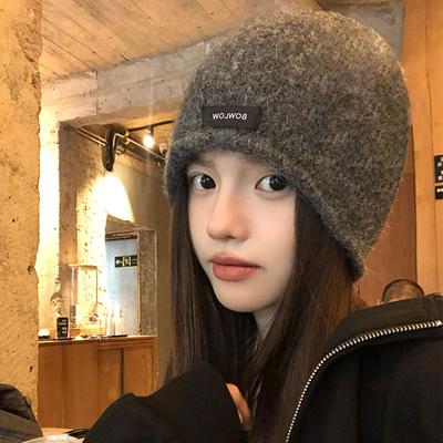 Labeled Curled Edge Pile Hat for Women In Autumn and Winter Large Head Circumference Retro Knitted Hat Small Face Small Warm Baotou Cold Hat