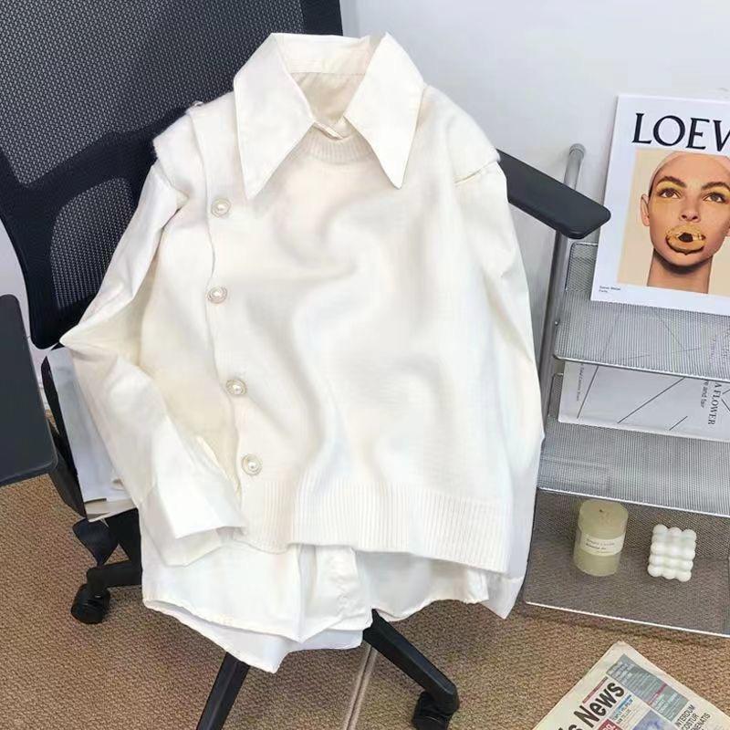 Spring and Autumn Women's Candy Color Knit Vest Shirt Two Pieces Button Polo Neck Long Sleeve Autumn Winter Ladies Shirts