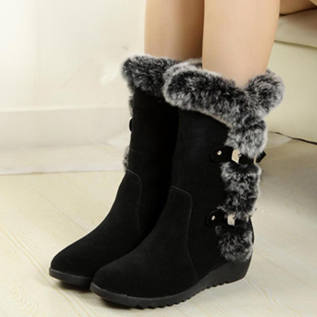 Damen Schneestiefel Warme Plüschstiefel Slope Heel Gürtelschnalle Mittelstiefel